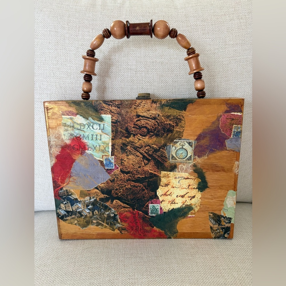 Mixed-Media Wooden Box Handbag in Brown with Multicolor Accents